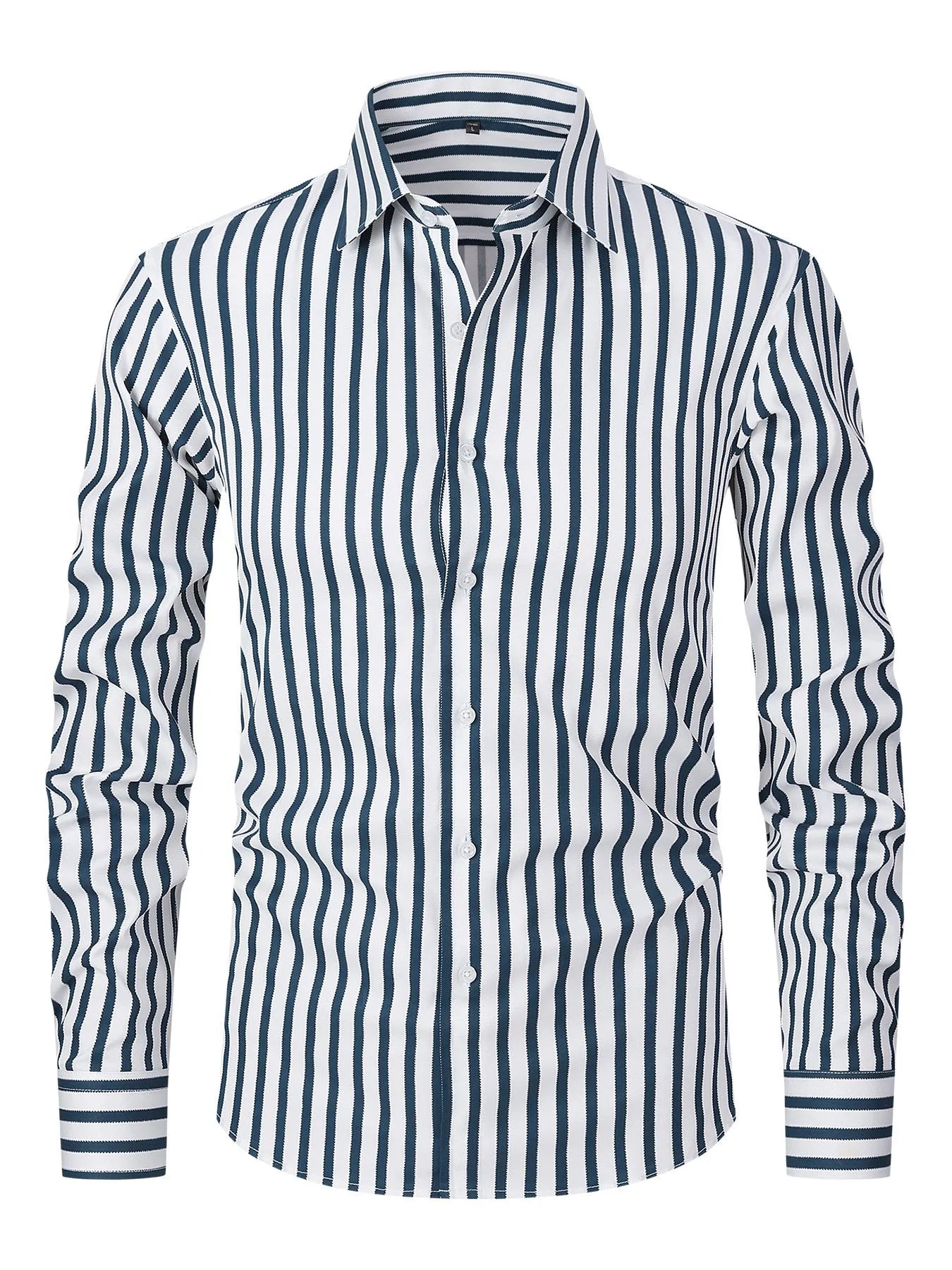 Men's striped long sleeve business shirt in polyester blend fabric with slim fit cardigan styling