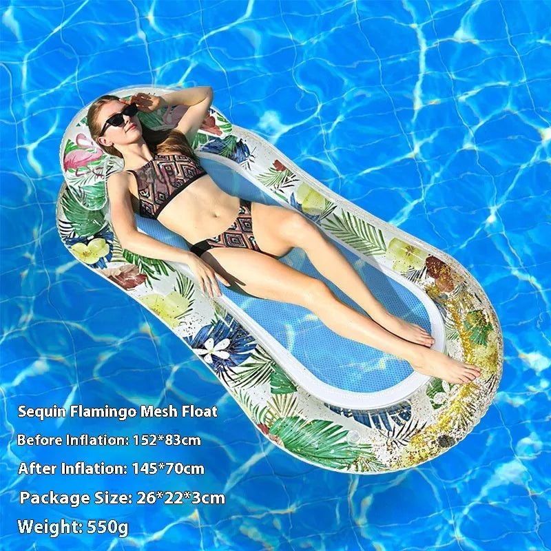 PVC thick sequins inflatable floating row pool lounger in gradient colour with canopy