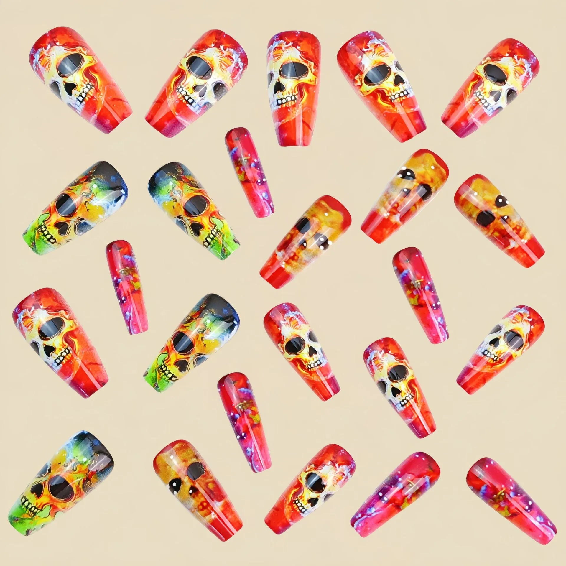 Halloween multicolor gradient skull pattern nail stickers in ballet type shape with jelly glue and rolling strips