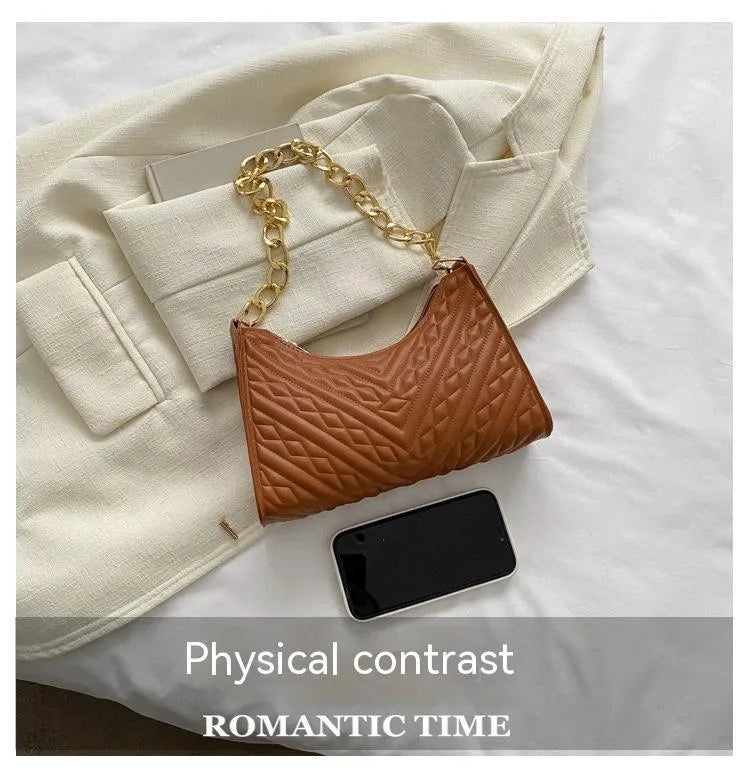 PU leather pleated chain baguette bag in vertical square shape with shoulder strap and carry handle