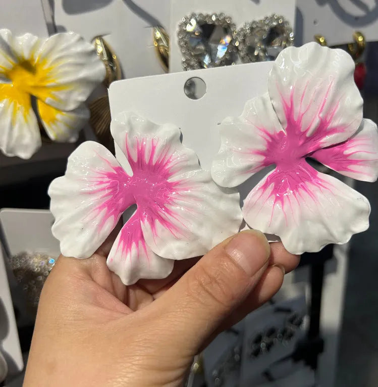 Pastoral style alloy flower stud earrings with oil-spot glaze finish in blue, green, purple and rose colour variations