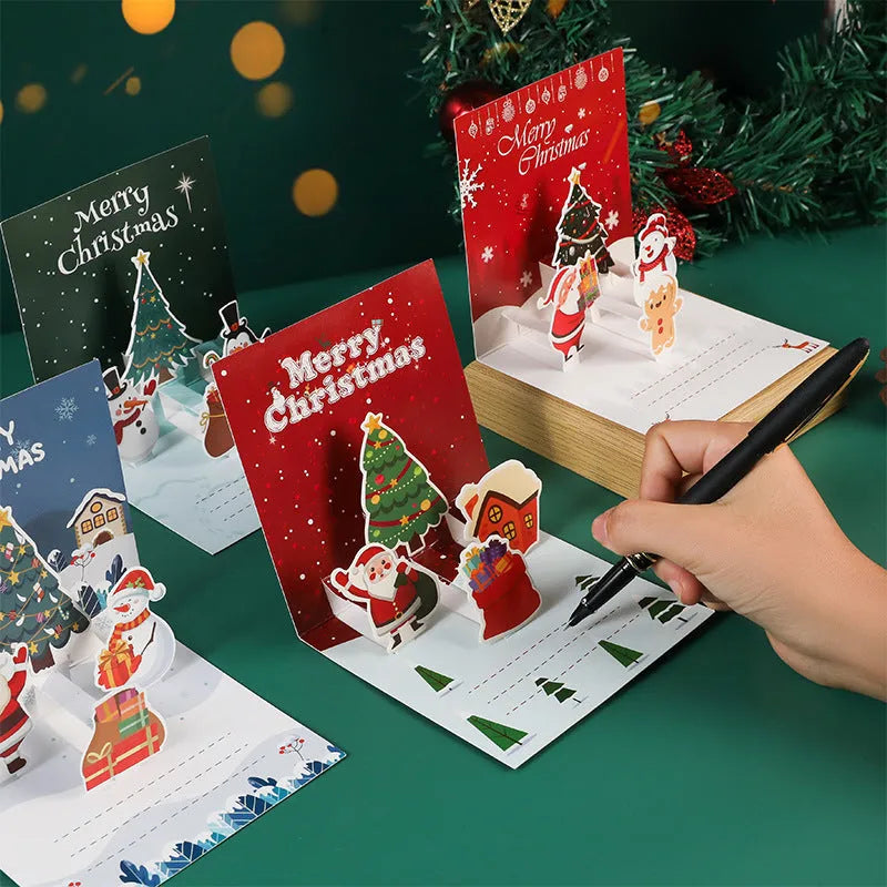 Three-dimensional blessing greeting card in fresh style, handmade from cardboard, with fold design on a flat surface