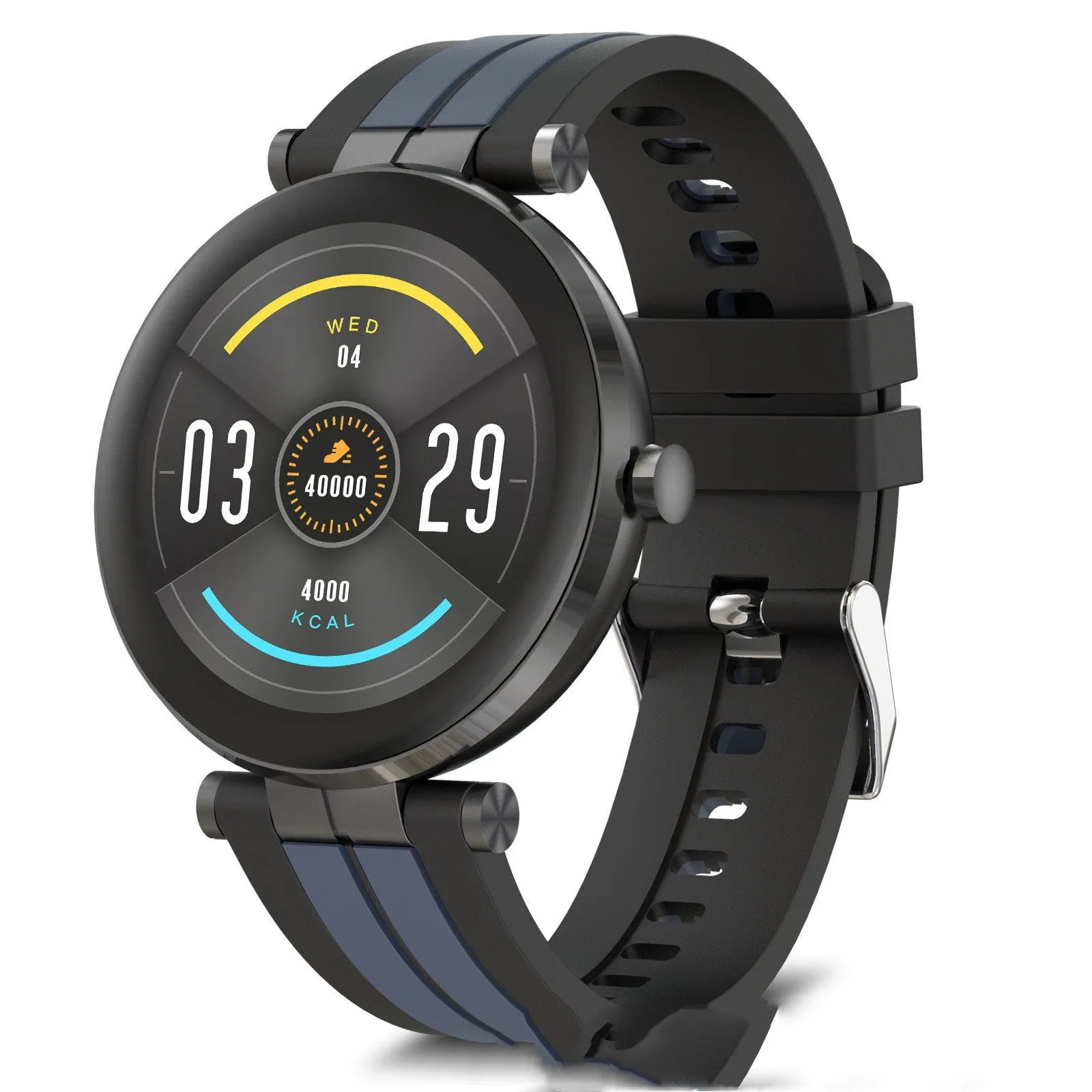 Smart watch with blood pressure and heart rate monitoring on a silicone wristband, shown in black, pink, and silver colour options.