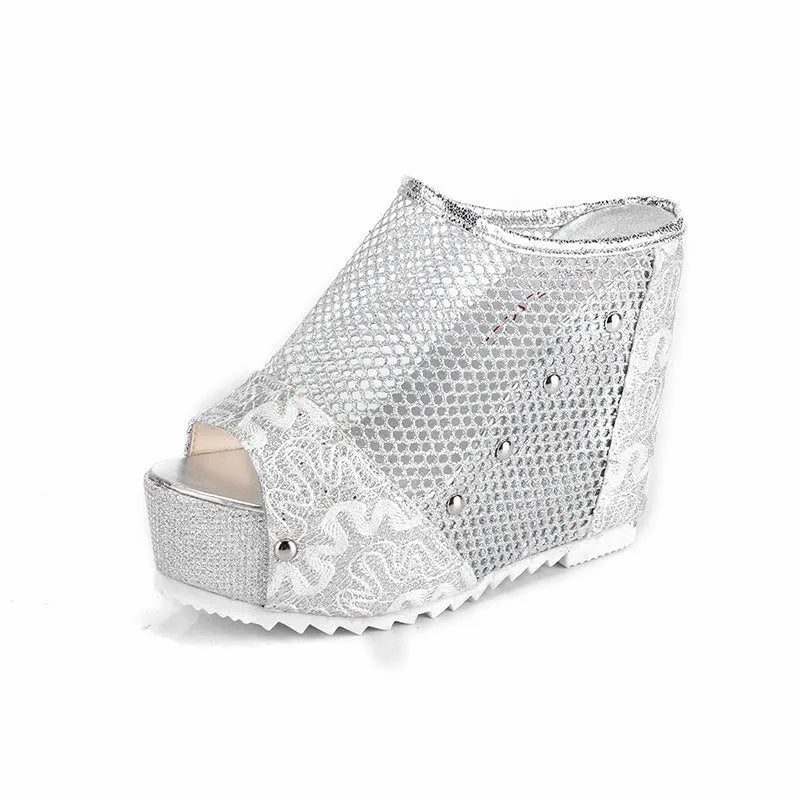 Korean platform sandals with hollowed-out heels, mesh upper, and chunky waterproof soles in black colour