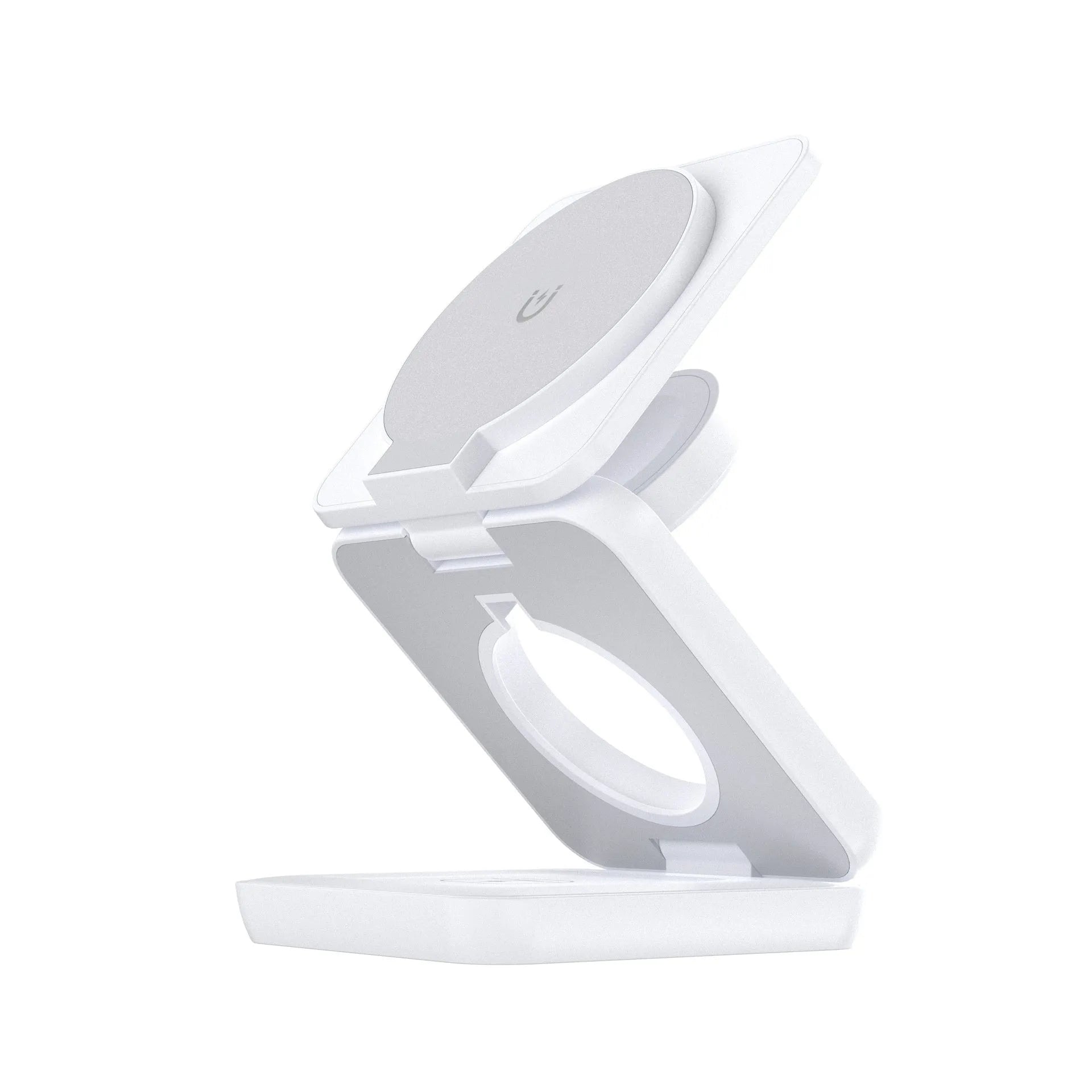 Foldable black magnetic wireless charging phone holder mounted on a car dashboard.