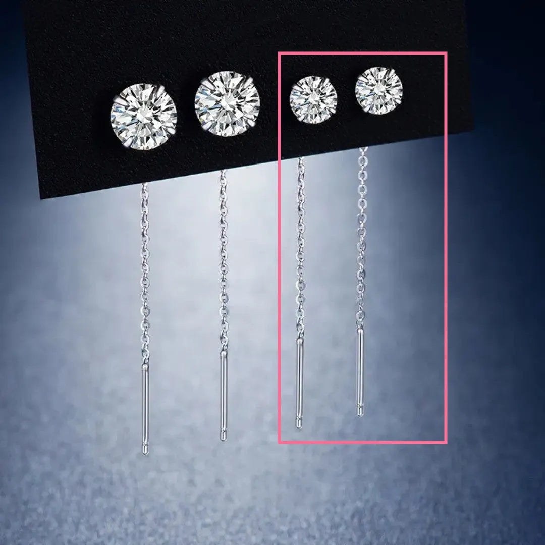 Long sterling silver needle ear string with a choice of geometric or pearl pendants for women.