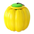 Green, orange, and yellow plastic pumpkin dog chew toy with squeaker for small dogs.