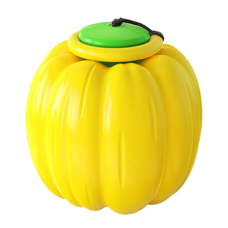 Green, orange, and yellow plastic pumpkin dog chew toy with squeaker for small dogs.
