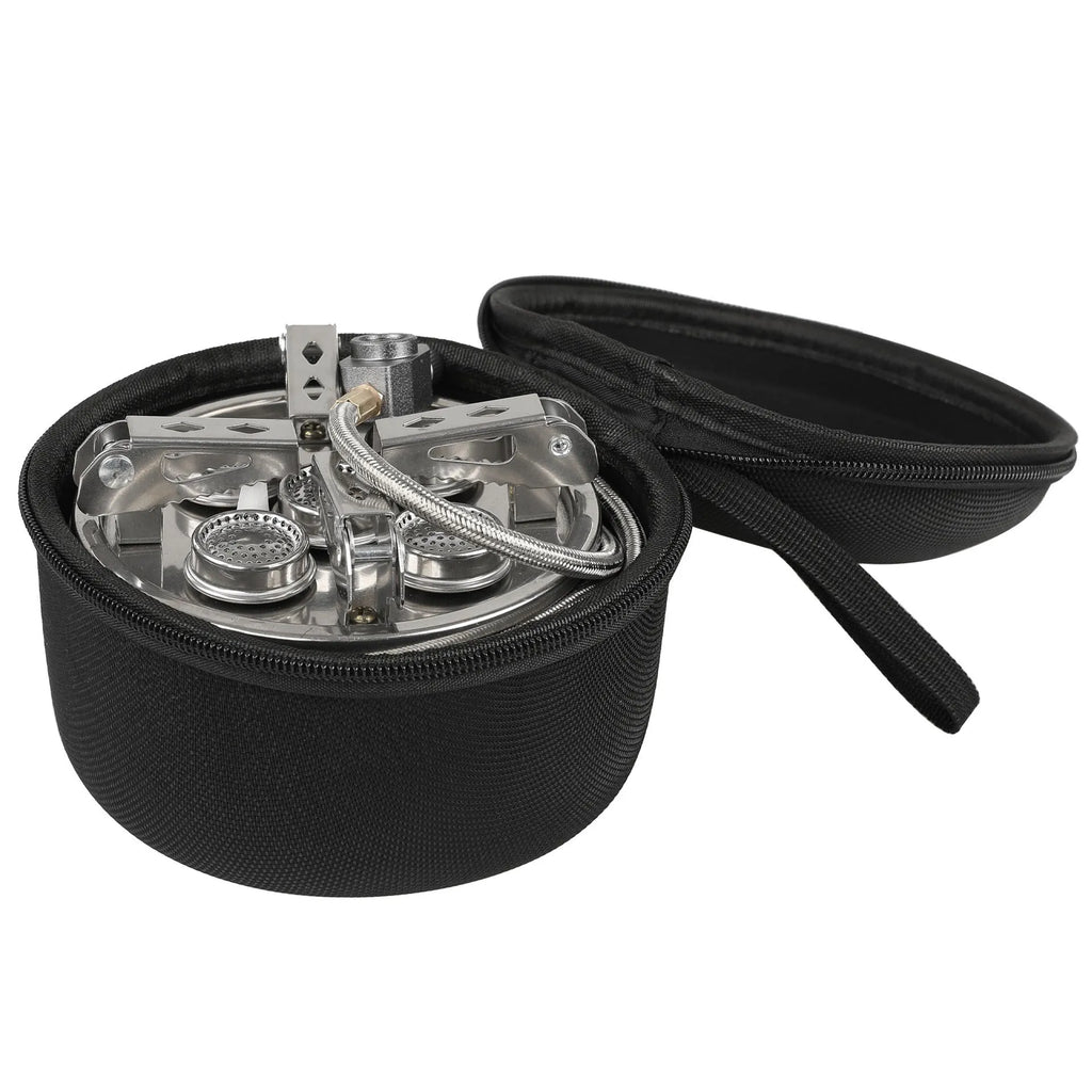Silver portable split camping stove with stainless steel and copper construction, shown with 100cm hose.