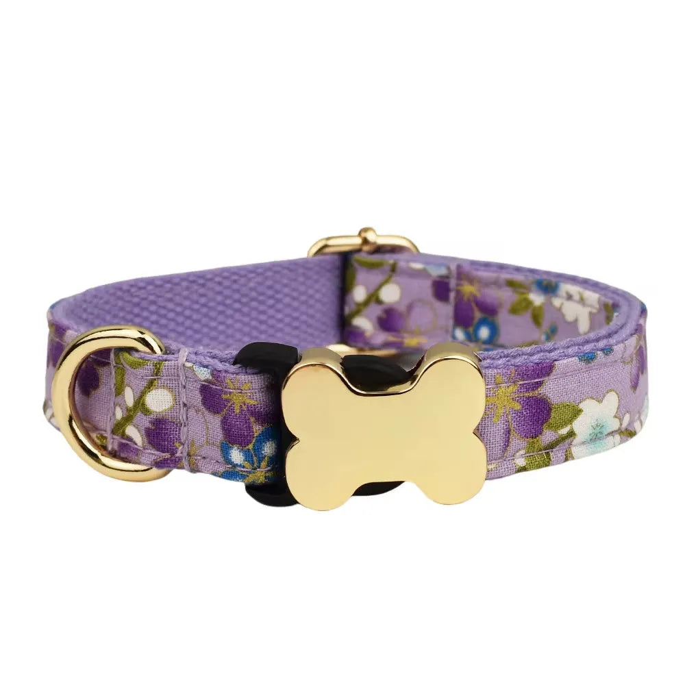 Flat nylon dog collar with printed grid pattern and bone buckle in assorted colours