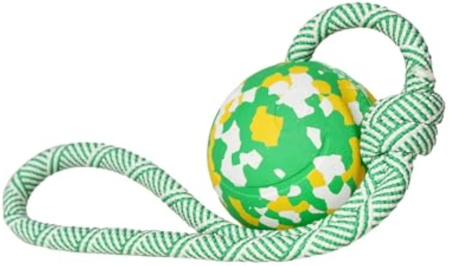 Natural rubber dog ball attached to a nylon rope for fetch and tug play.