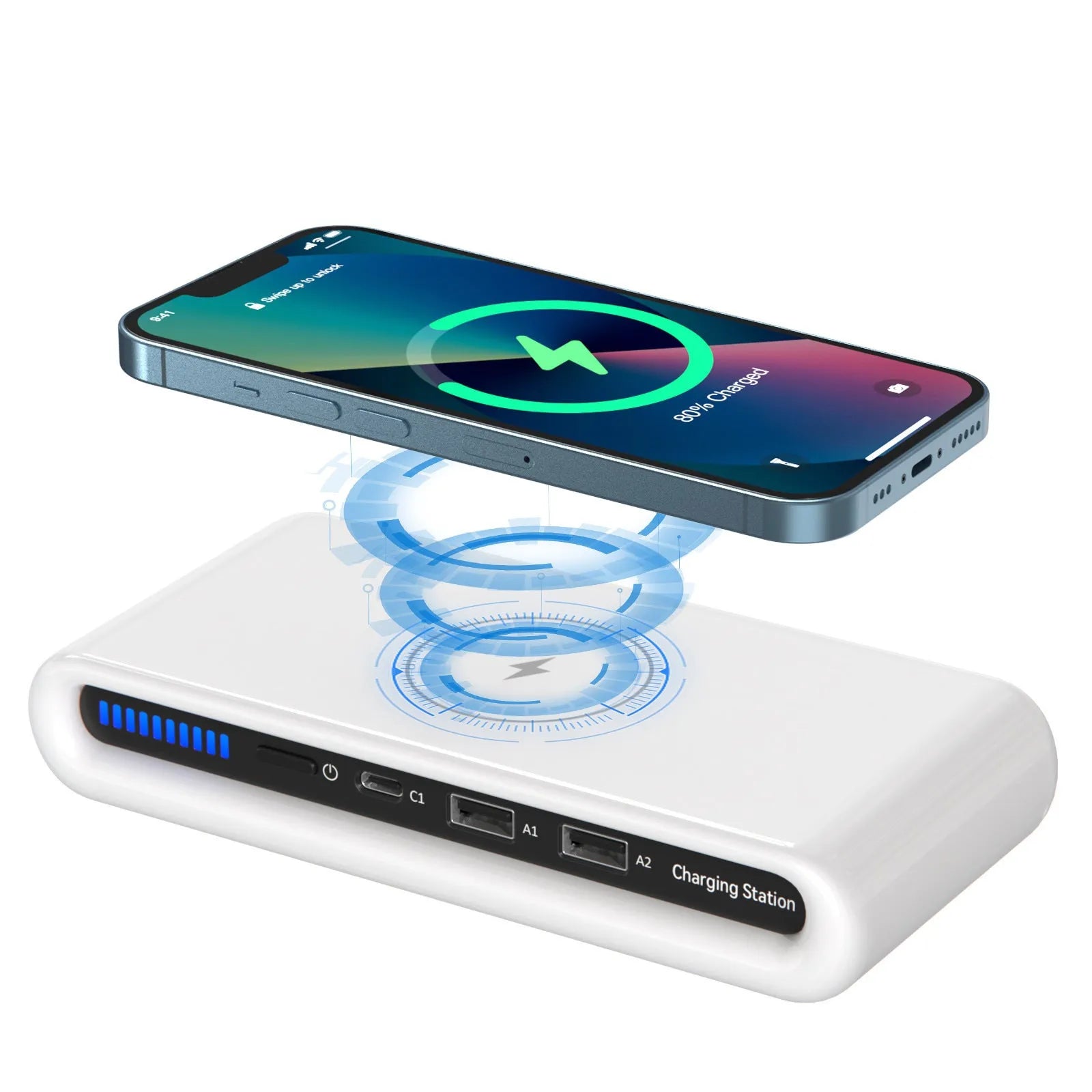 White desktop wireless charging pad with 15W fast charging and a multi-colour LED atmosphere lamp on top.