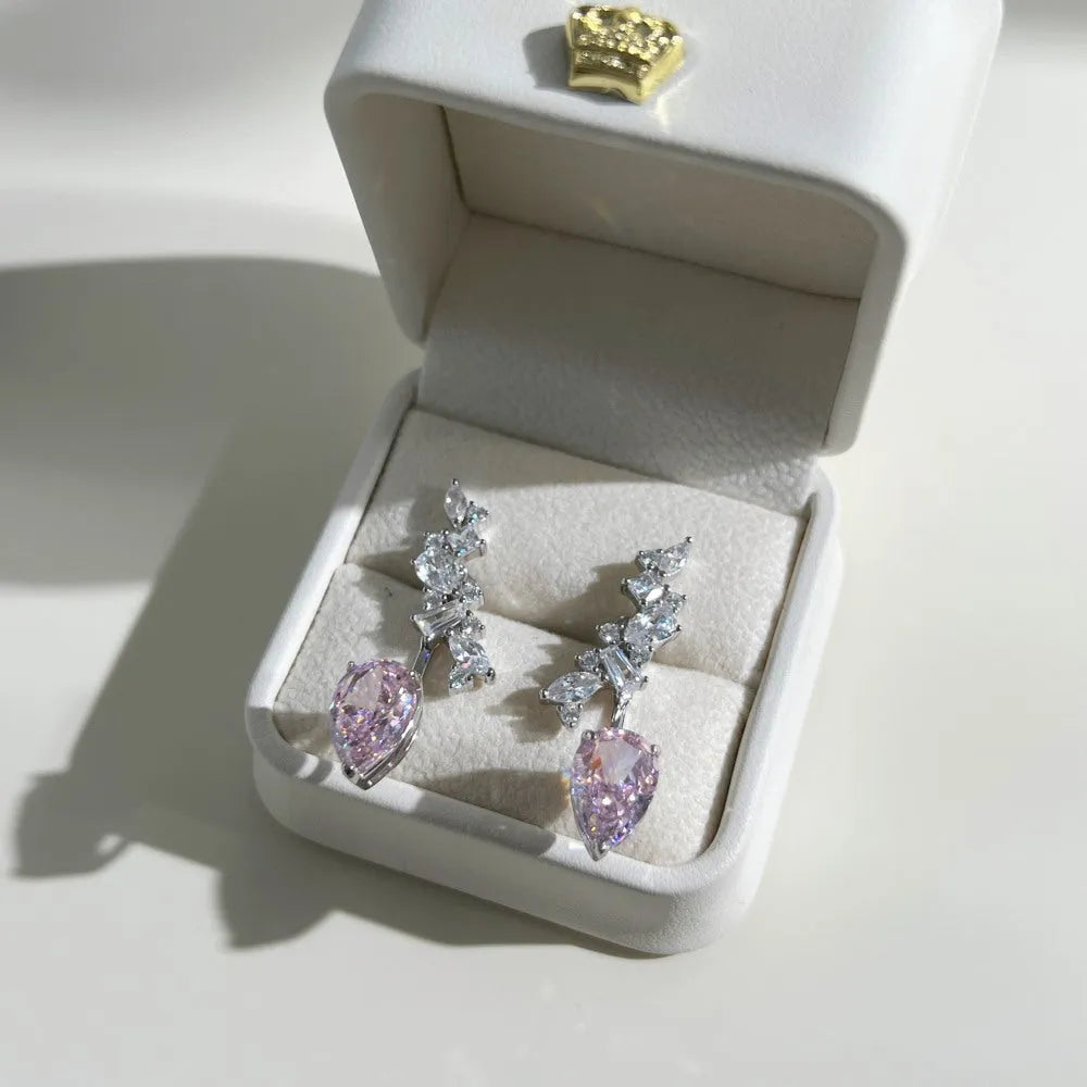 925 sterling silver pear-shaped ice flower cut dual-wear drop earrings in platinum white diamond colour