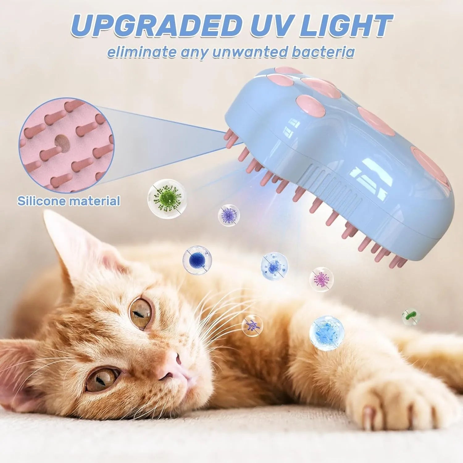 Self-cleaning cat steam brush with silicone brush head and release button for pet grooming