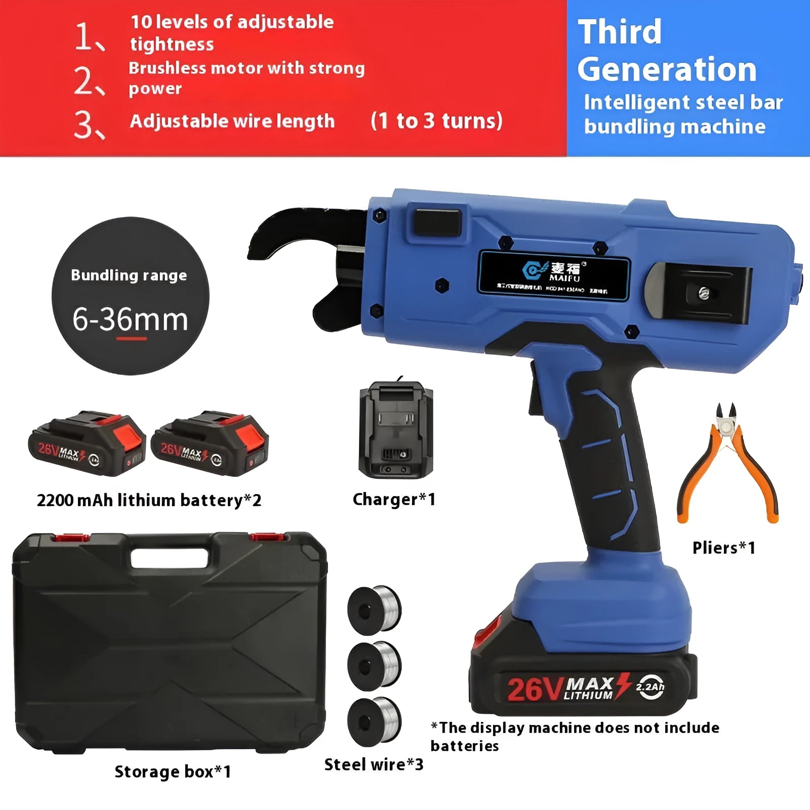 Electric steel bar tying machine with battery and charger for construction site rebar work