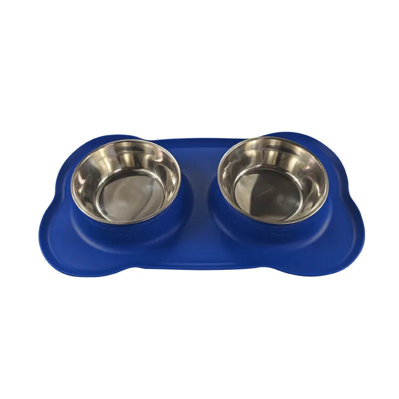 Large silicone dog bowl with stainless steel insert in double bowl configuration for pet feeding