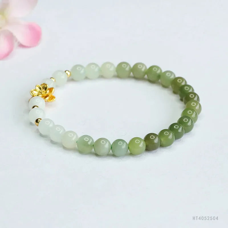 Hand-woven national style bracelet with natural Hetian jade gradient beads in floral pattern design