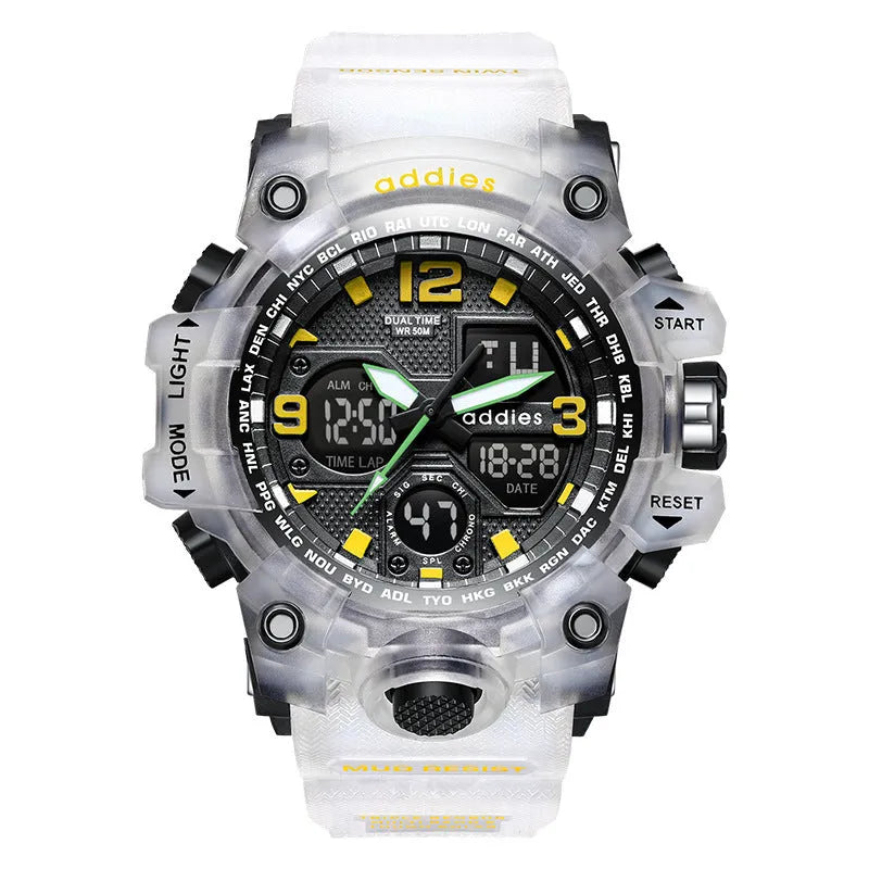 Electronic dual-display sports watch with plastic case and 50m waterproof rating