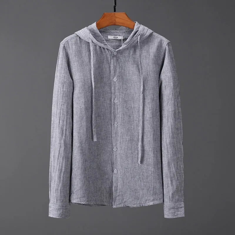 Men's hooded tether striped long sleeve shirt in apricot with wool lining for plus size casual wear