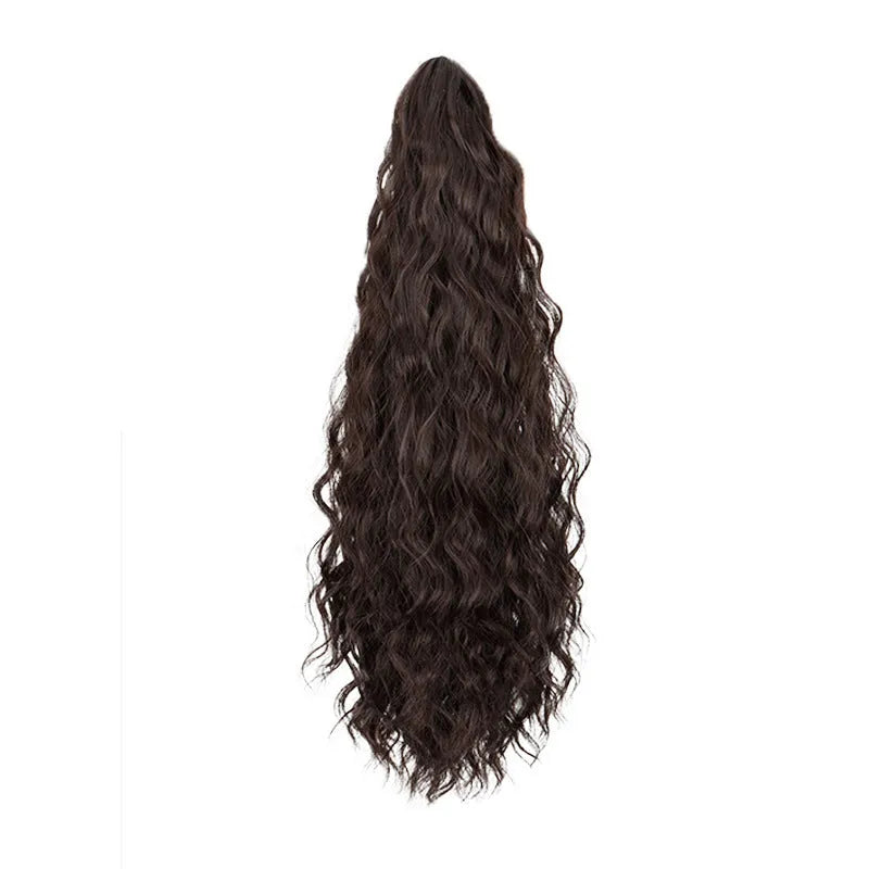A corn curl ponytail wig with a water ripple grip texture, shown in a dark brown 1B colour, featuring a hair clip attachment.