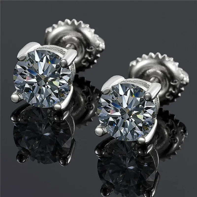 Silver geometric screw-back stud earrings with moissanite stones in four-claw setting