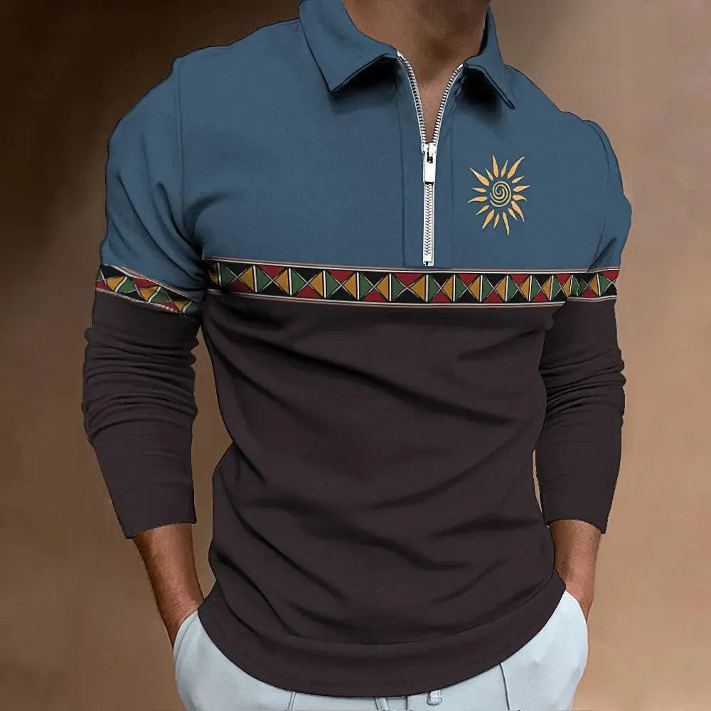Men's loose fit long sleeve t-shirt with retro striped printing and zipper details