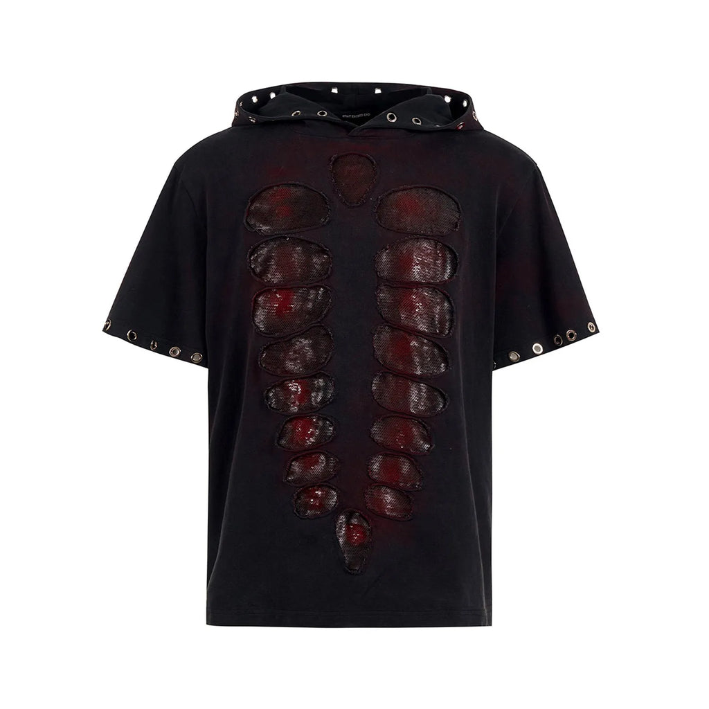 Black men's hooded short-sleeve T-shirt with sequin details and a loose-fitting silhouette.