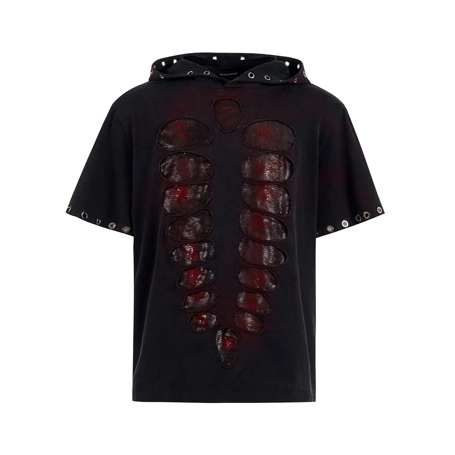 Black men's hooded short-sleeve T-shirt with sequin details and a loose-fitting silhouette.