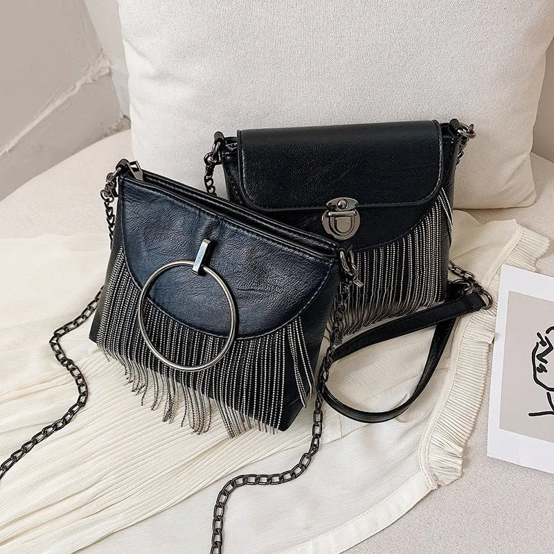 Women's rivet tassel chain crossbody bag PU cotton lining 18x6x13 cm Style 1 and Style 2