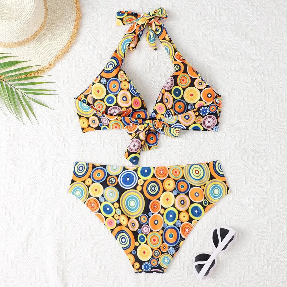 Women's printed high waist split bikini suit in floral pattern, polyester spandex, sizes S to 2XL
