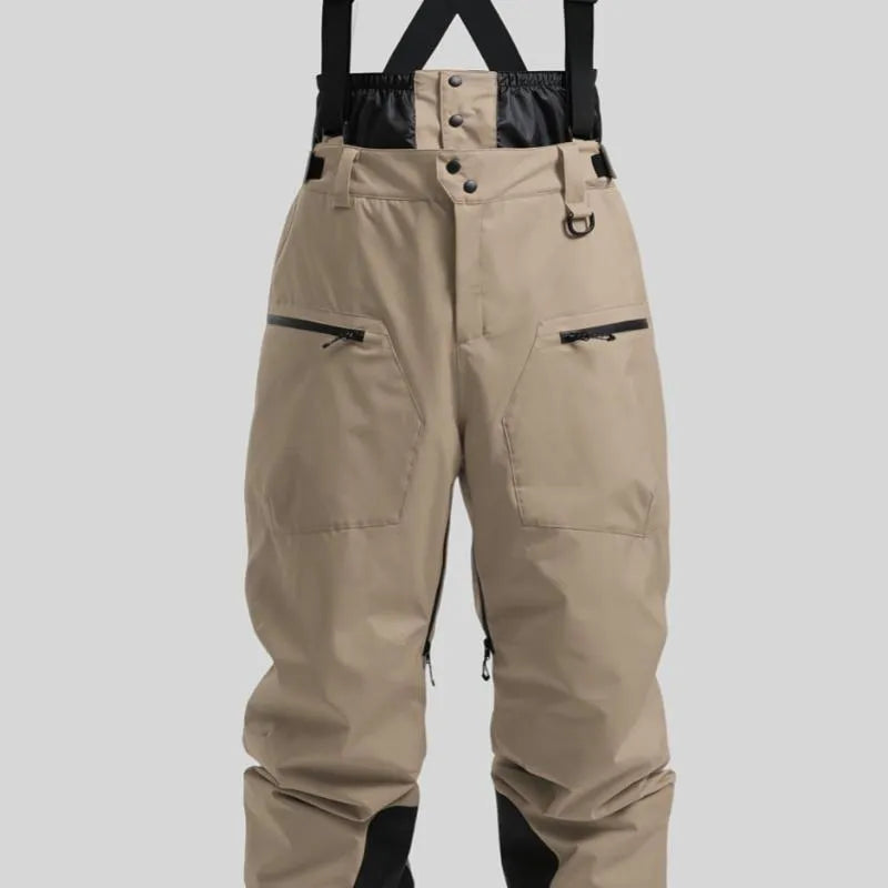 Men's black waterproof ski trousers with thickened straps and flame-retardant linen fabric.