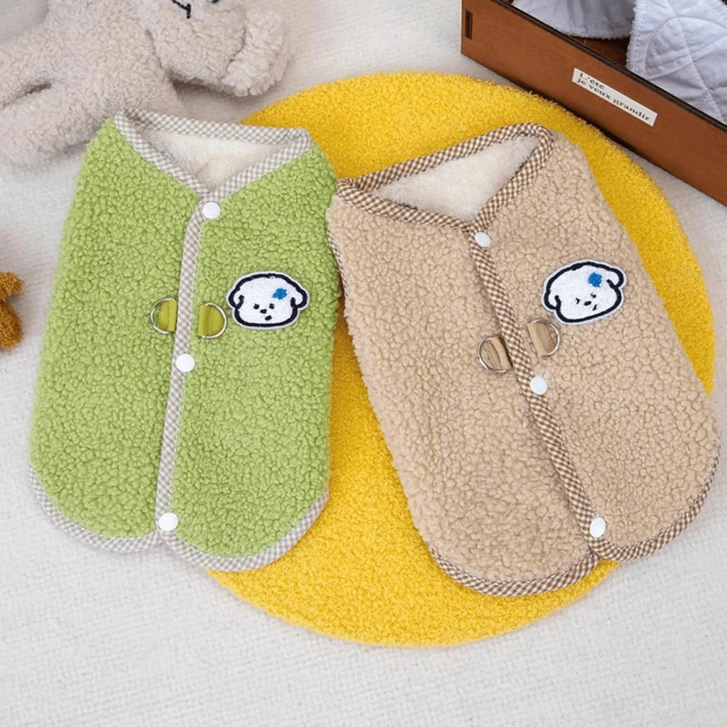 Coral fleece dog sweatshirt vest with leash ring in green colour for small pets