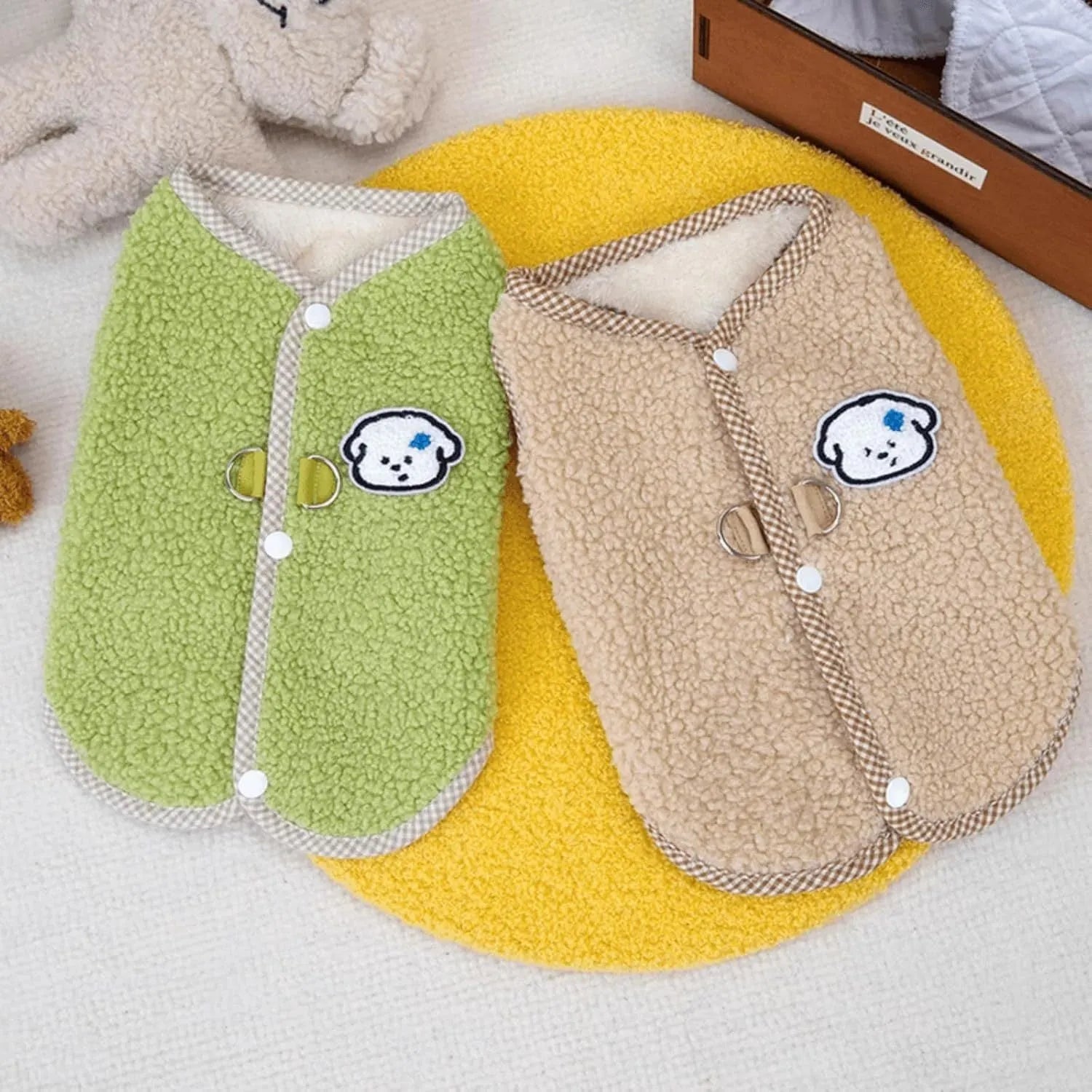 Coral fleece dog sweatshirt vest with leash ring in green colour for small pets