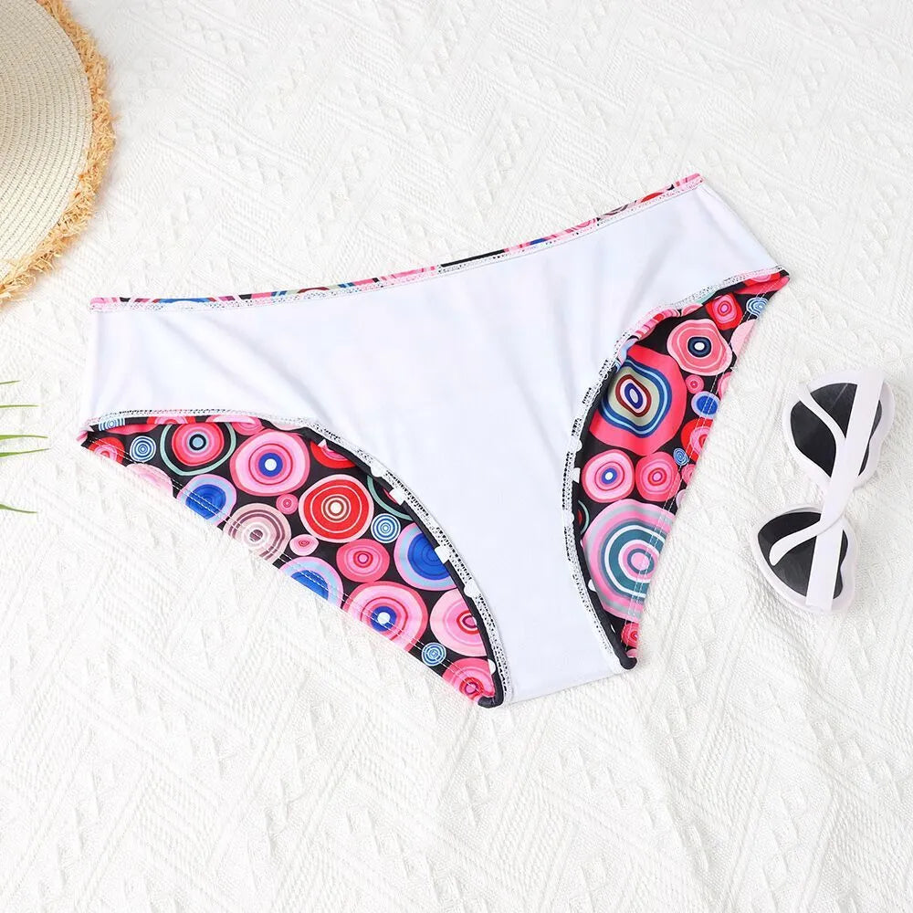 Women's printed high waist split bikini suit in floral pattern, polyester spandex, sizes S to 2XL