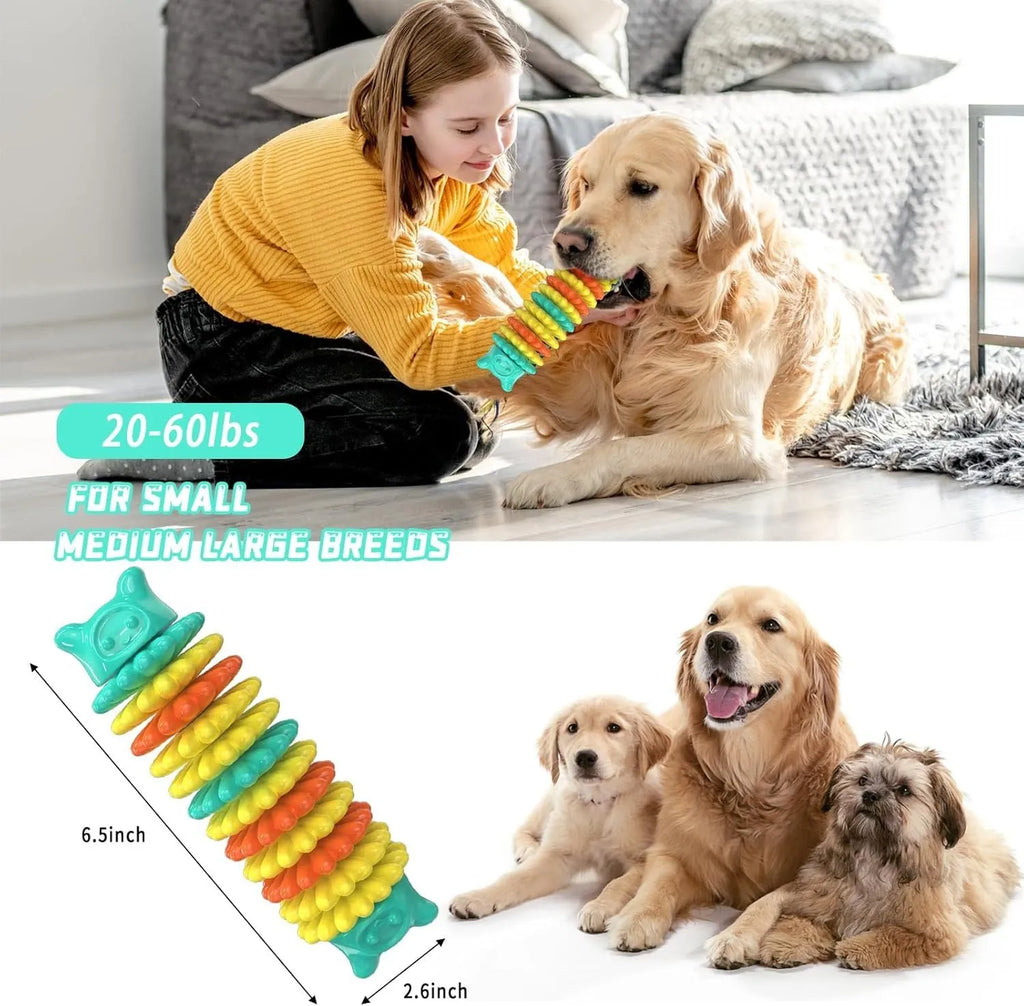 Blue rubber caterpillar-shaped dog chew toy for aggressive chewers on a white background.