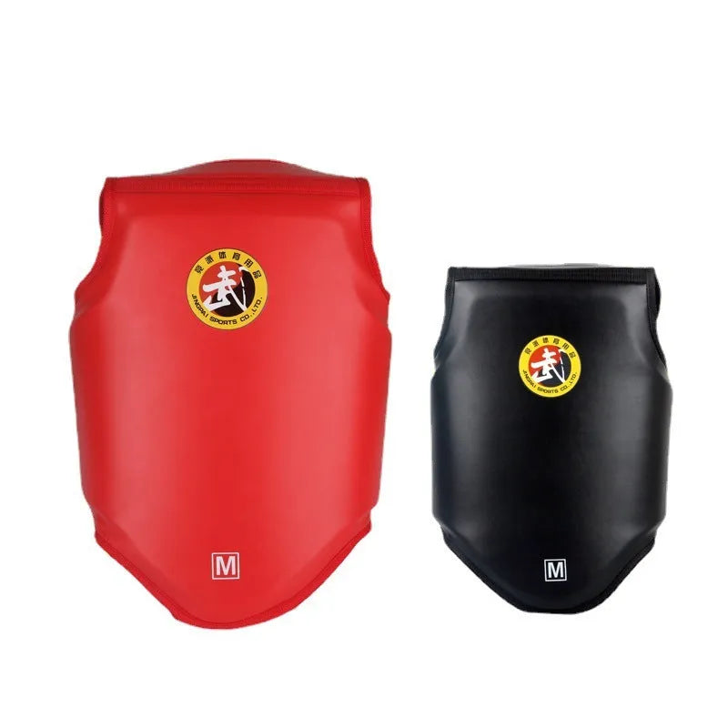 Red boxing helmet and chest protector training set on white background