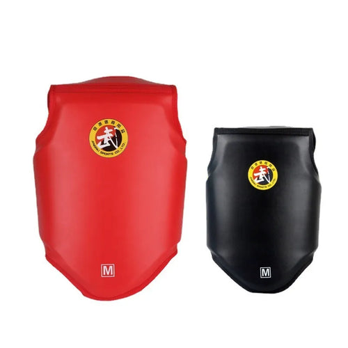 Red boxing helmet and chest protector training set on white background