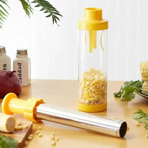 Yellow cylindrical corn stripper tool with stainless steel threshing mechanism