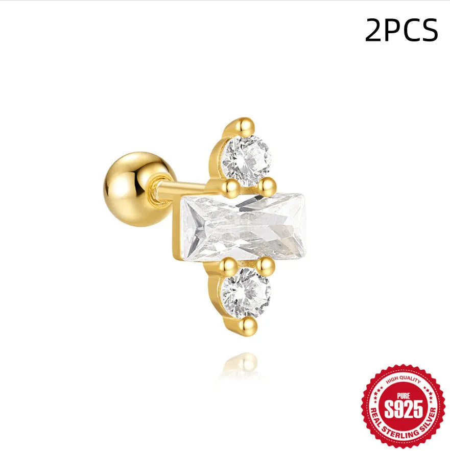 S925 sterling silver flower stud earrings with red gravel stone and gold electroplated finish