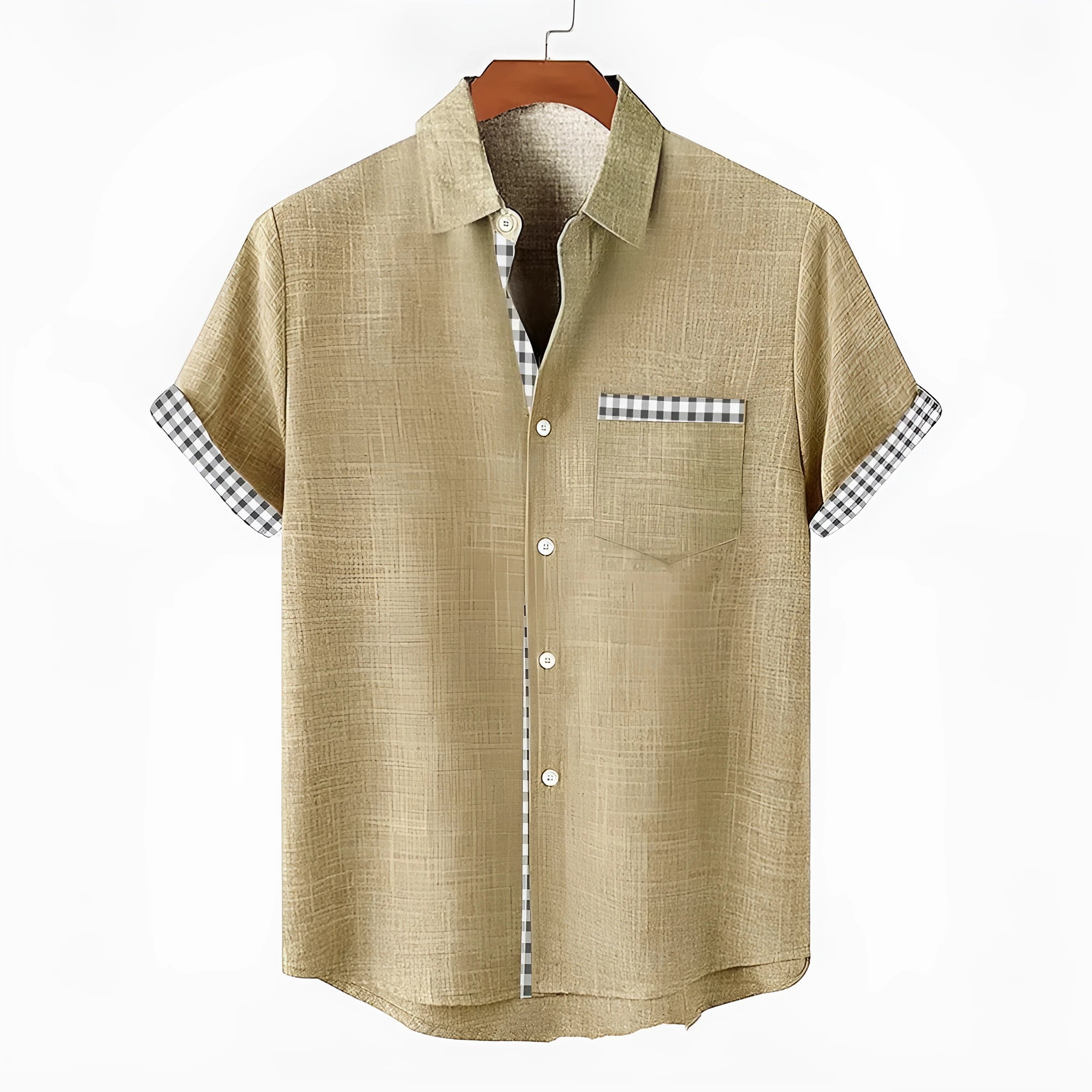 Linen short-sleeved casual shirt with a printed ocean fish pattern, shown in a loose fit.