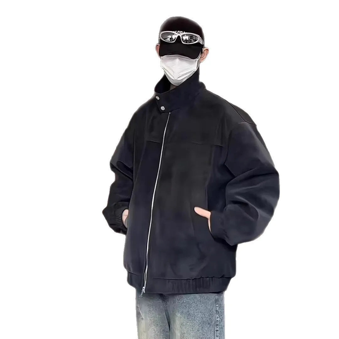 Men's grey tie-dye PU leather jacket with a stand collar and side pockets in a loose fit.