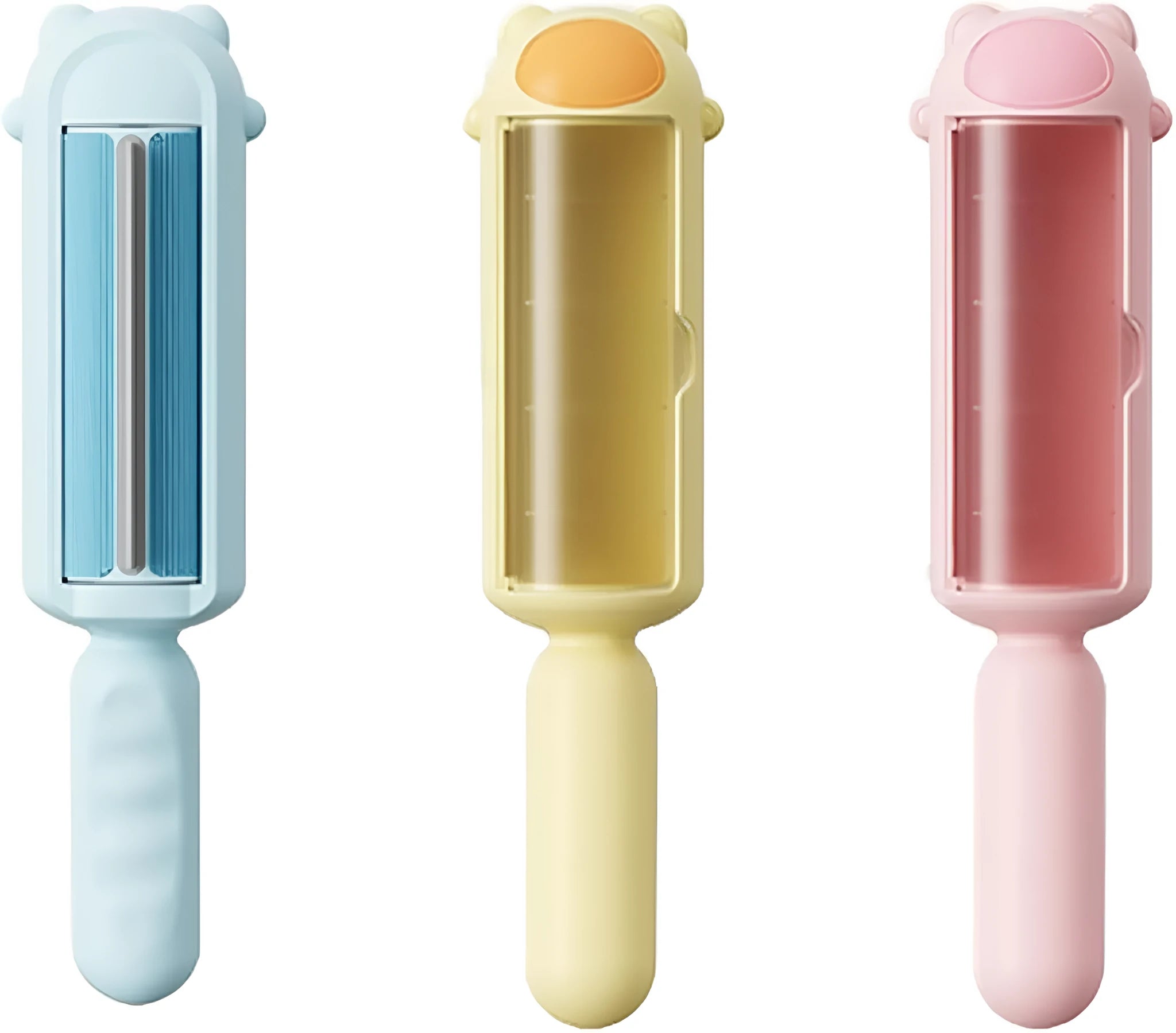 Blue reusable pet hair remover roller with self-cleaning base on a grey sofa.