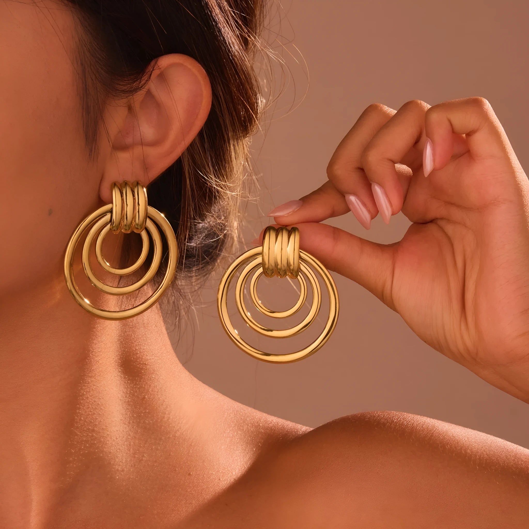 18K gold plated stainless steel geometric circle earrings with gold finish for women
