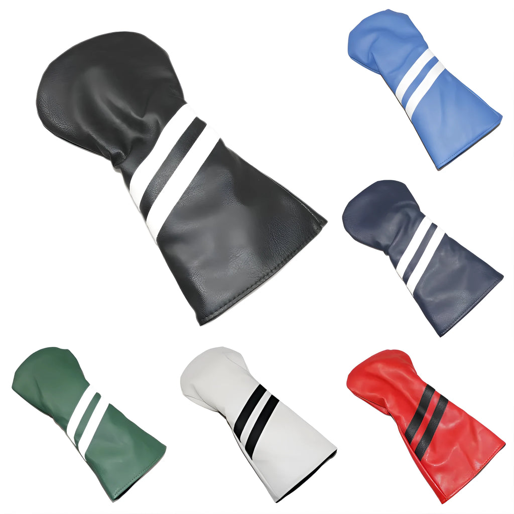 Golf wood club head cover with two oblique stripes, shown in blue, with size options large, medium, and small.