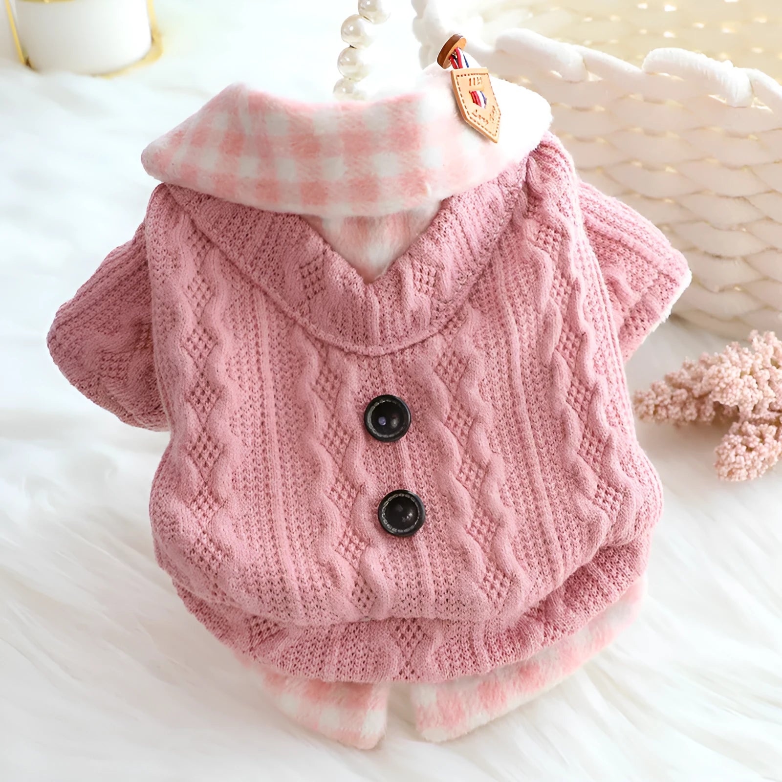 Blue wool plaid dog sweater with fleece lining on a small dog
