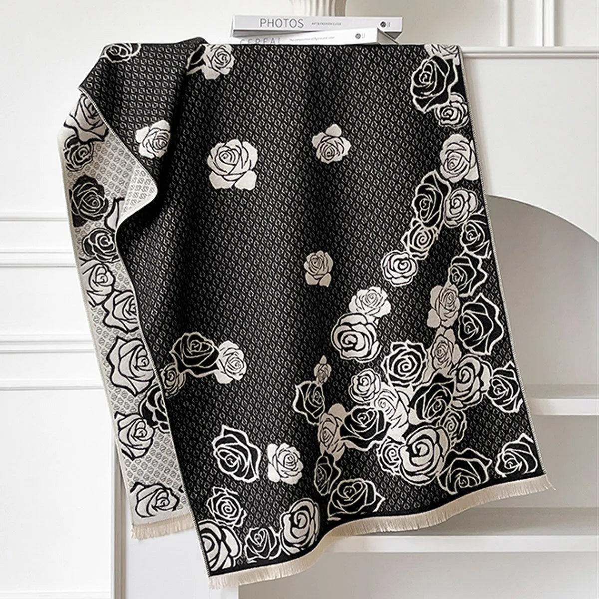 185cm imitation cashmere winter scarf with tassels in black, blue, gray, or khaki colours