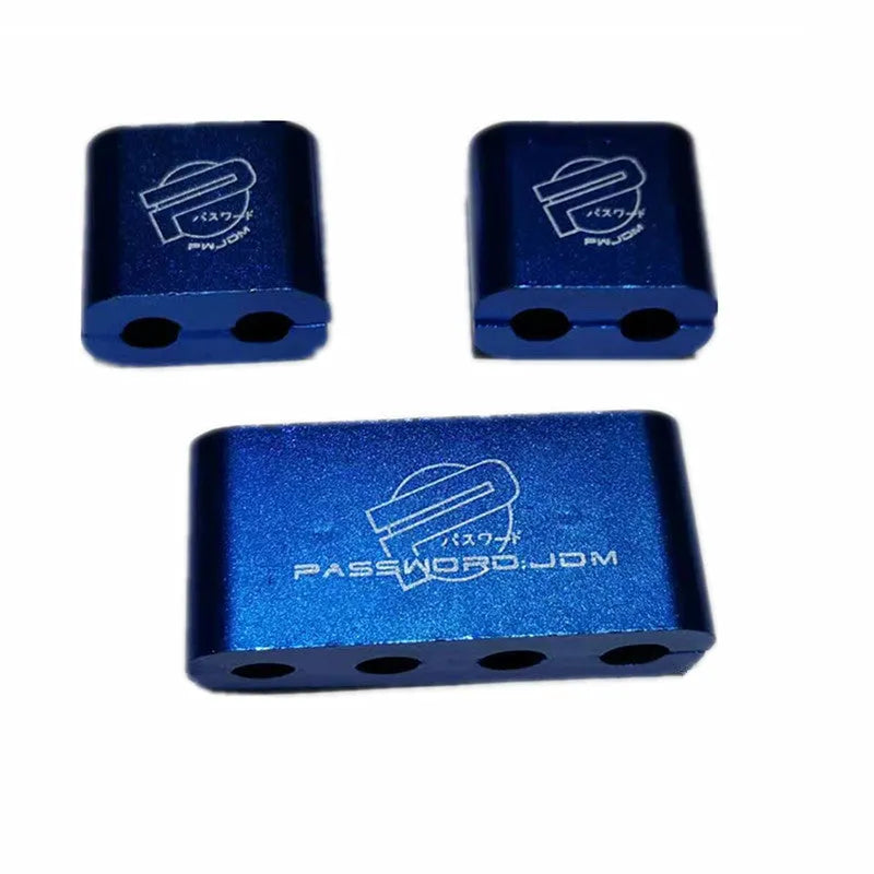 Three-piece metal automotive fastening clamp in six colour options, showing 55x30x25mm dimensions with metal sleeve.