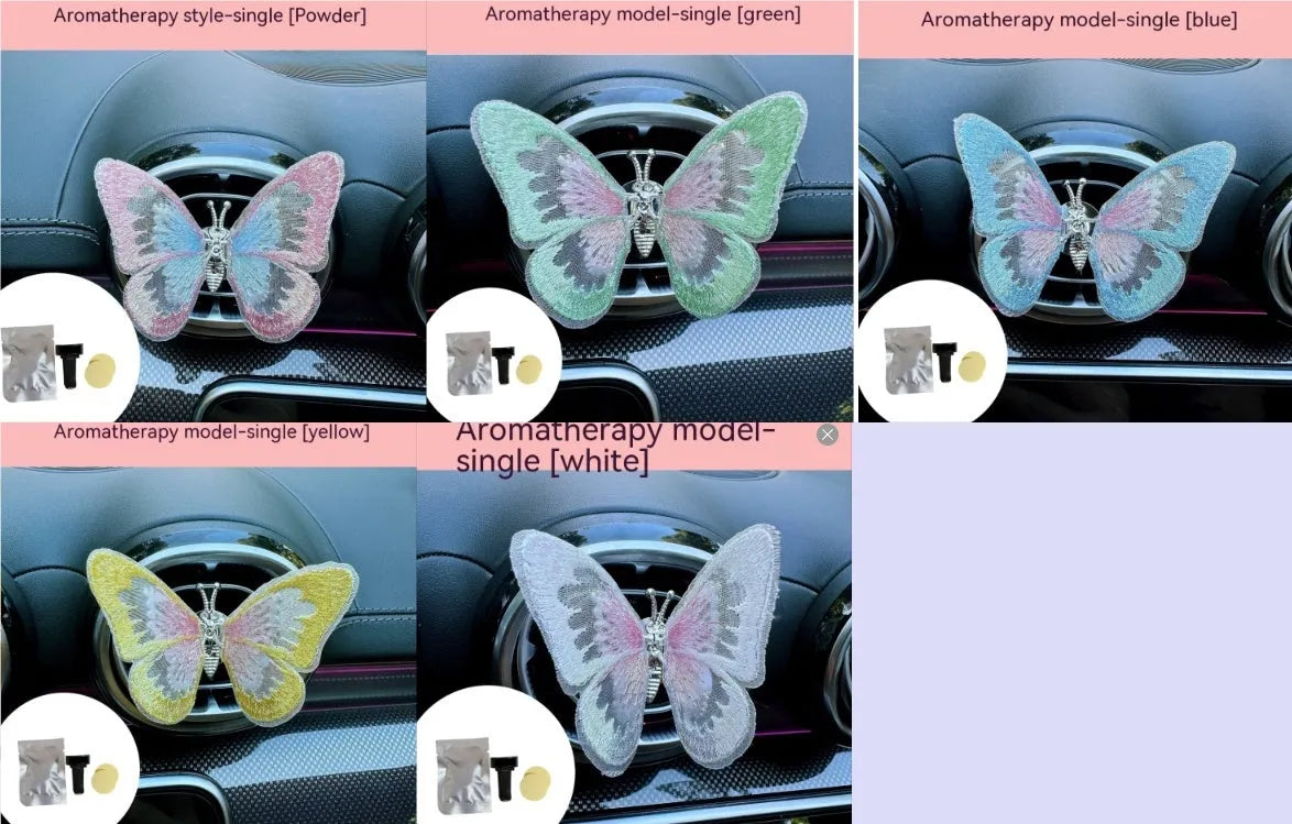 Moving embroidery butterfly decoration on car centre console air vent in pink fabric