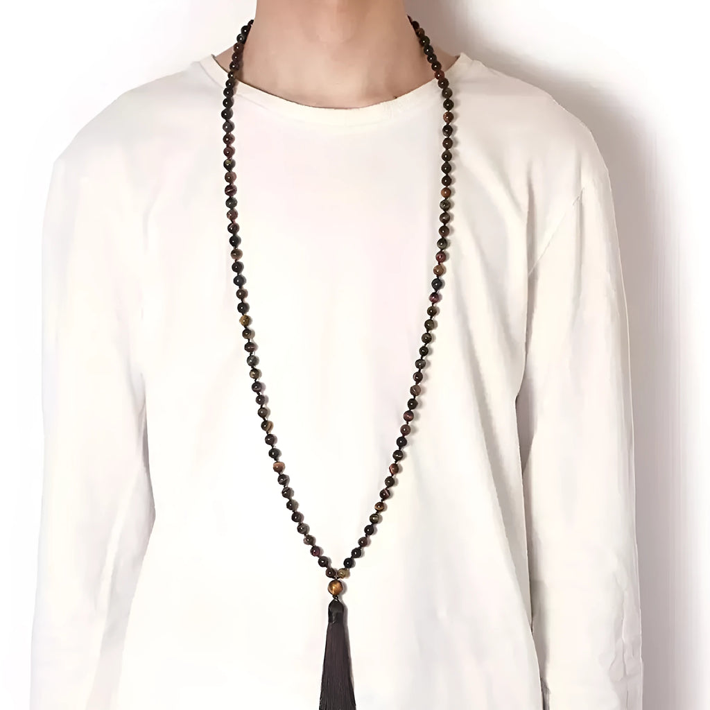Agate tassel necklace with geometric pattern featuring multiple colourful stones including amethyst and lapis lazuli
