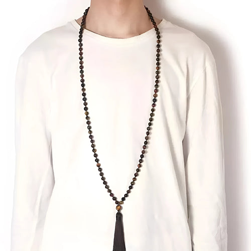 Agate tassel necklace with geometric pattern featuring multiple colourful stones including amethyst and lapis lazuli